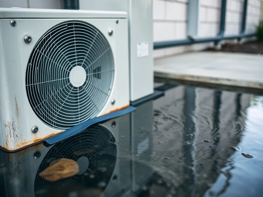 Standing water around the base of an outdoor condenser unit